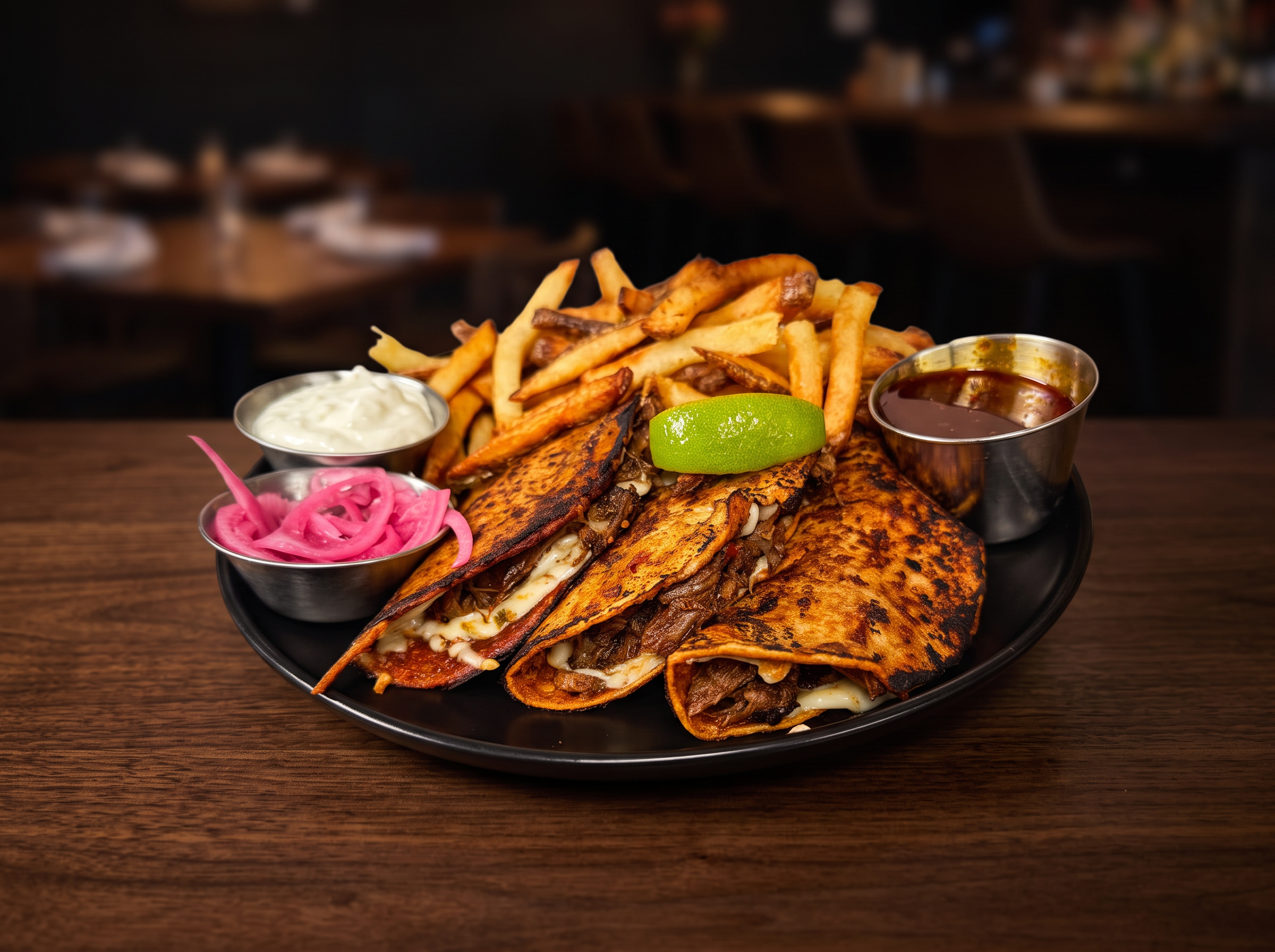 Birria tacos with fries, pickled onions, lime crema and birria jus