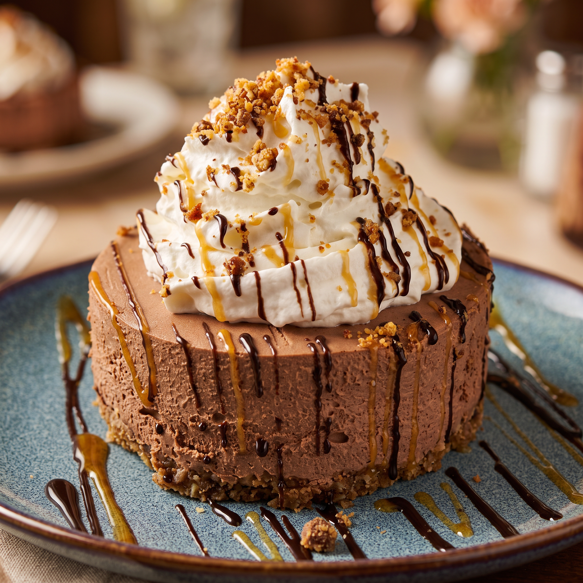 Chocolate pecan cheesecake with whipped cream, caramel and chocolate drizzle