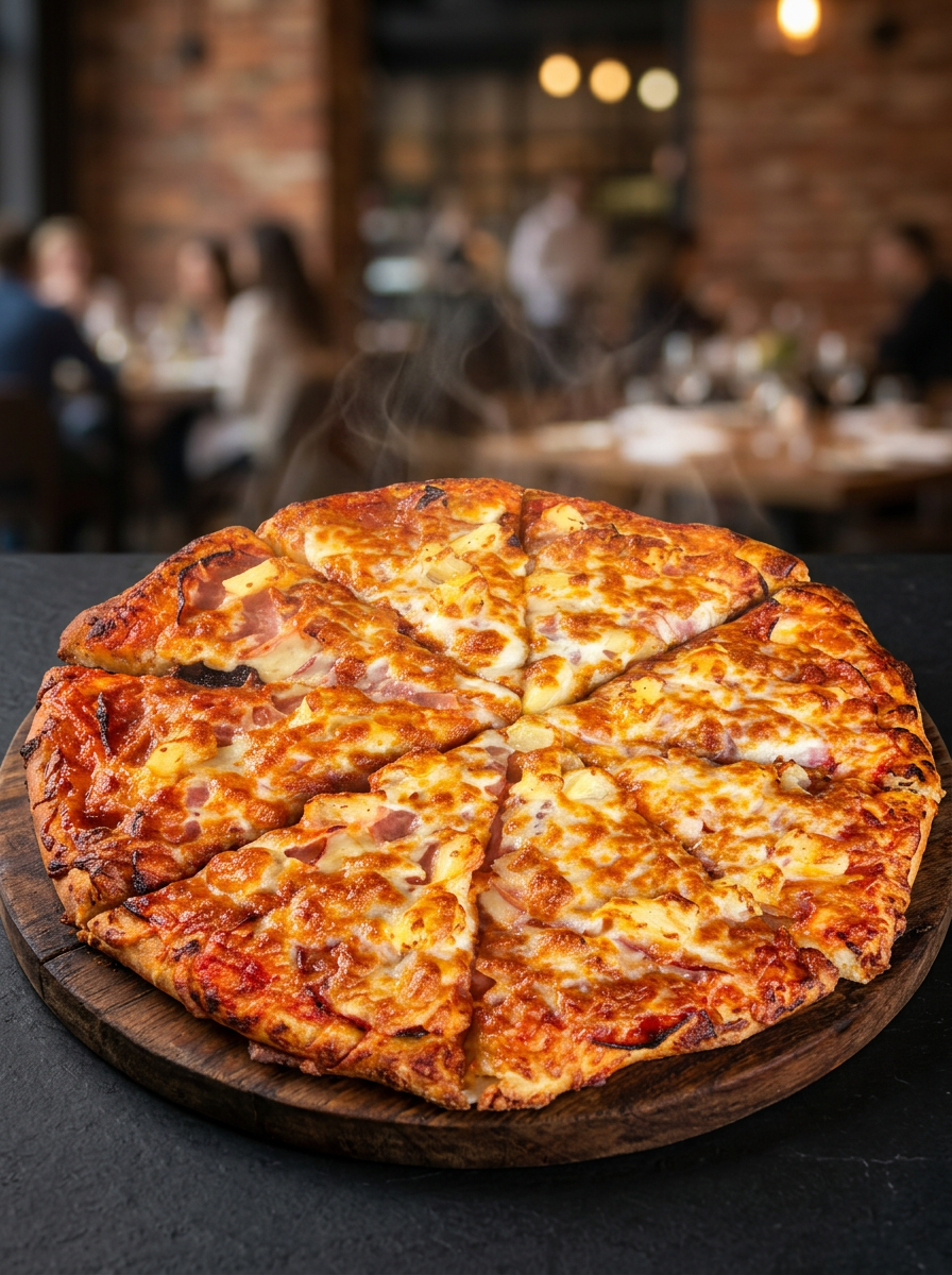Hawaiian pizza with ham, pineapple and melted mozzarella on a wooden board