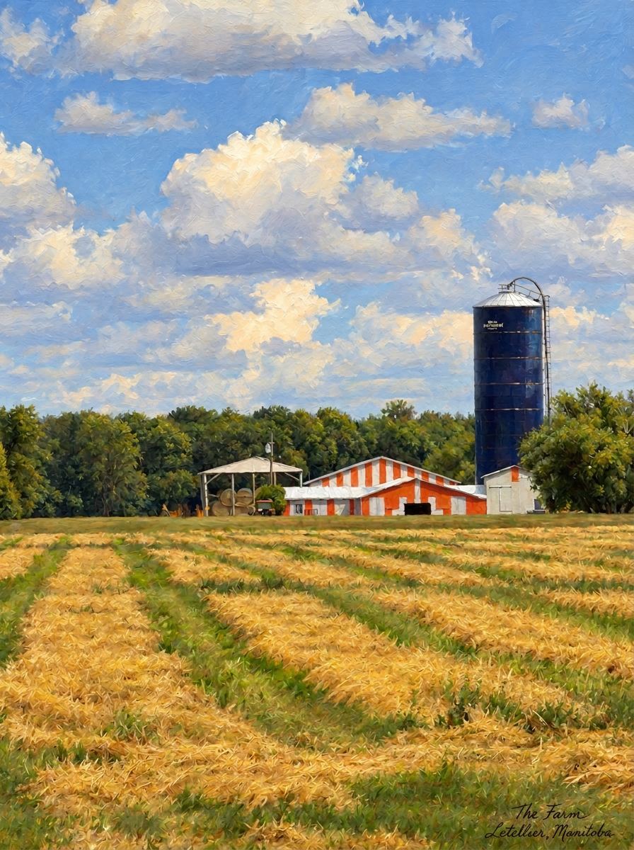 Painting of a prairie dairy farm with a big blue silo, red barns and golden fields under a bright sky