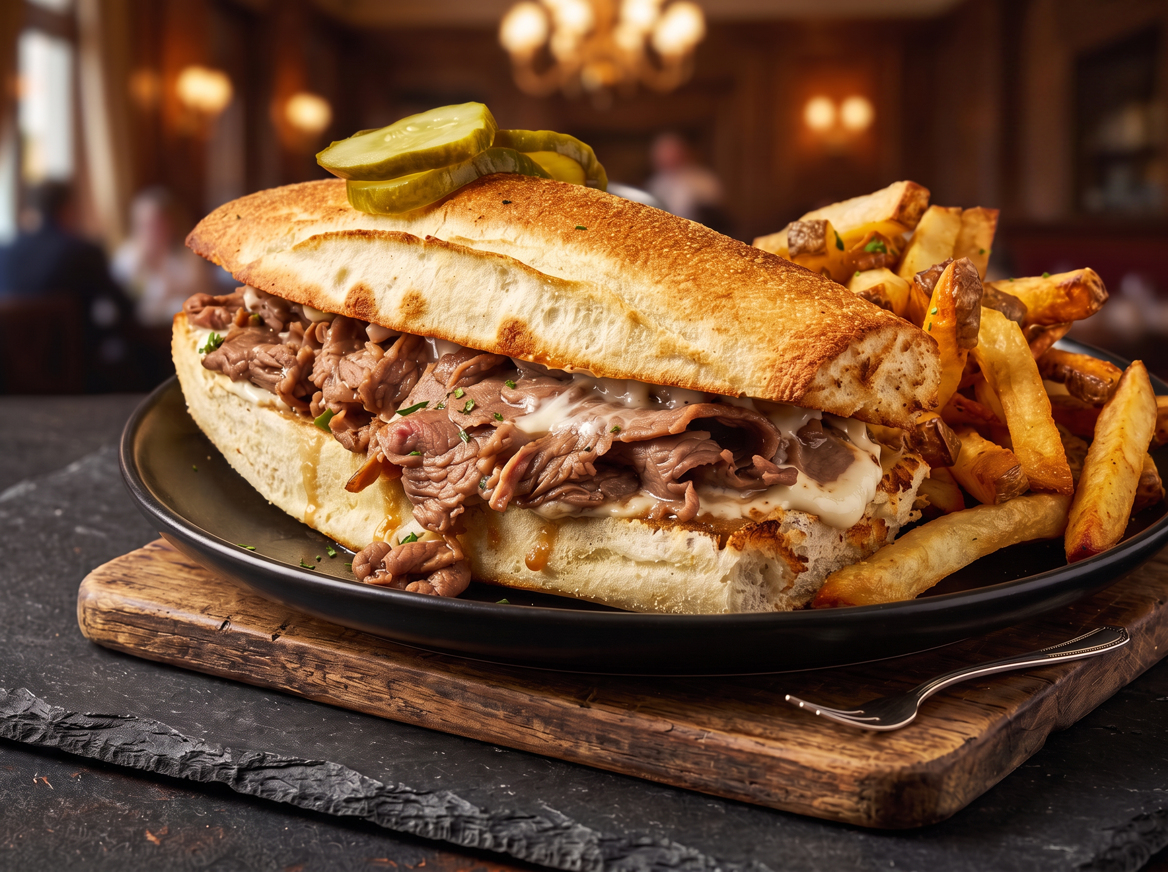 Beef dip with shaved steak, melted cheese and pickles on a toasted baguette with hand-cut fries
